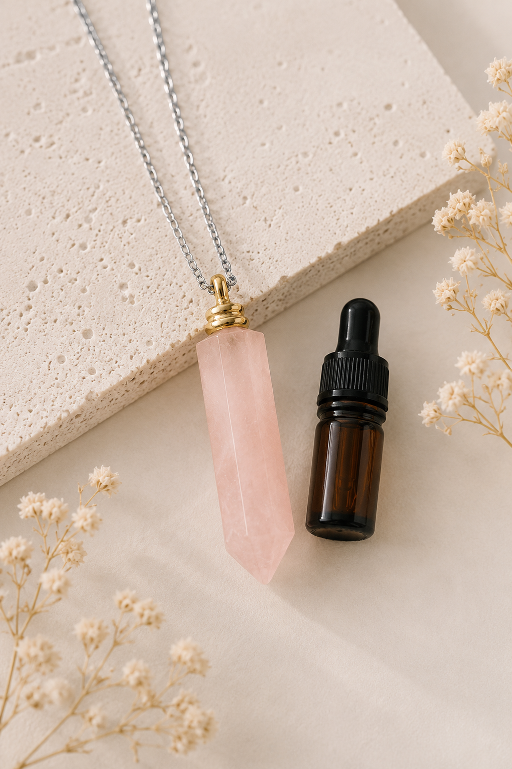Natural Rose Quartz Crystal Diffuser Necklace for everyday aromatherapy. Add 1–2 drops of your favorite essential oil and enjoy a gentle personal aroma. Hand selected by Heals N Crystal.