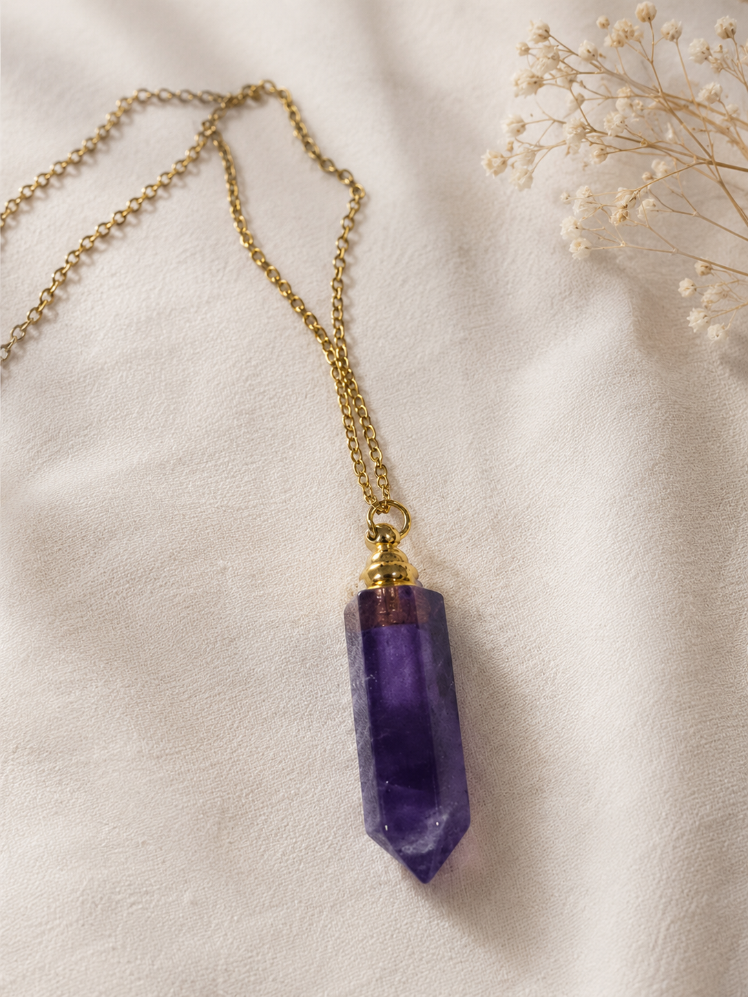 Natural Amethyst Crystal Necklace for everyday aromatherapy. Add your favorites essential oil and enjoy a personal aroma. Hand selected by Heals N Crystal.