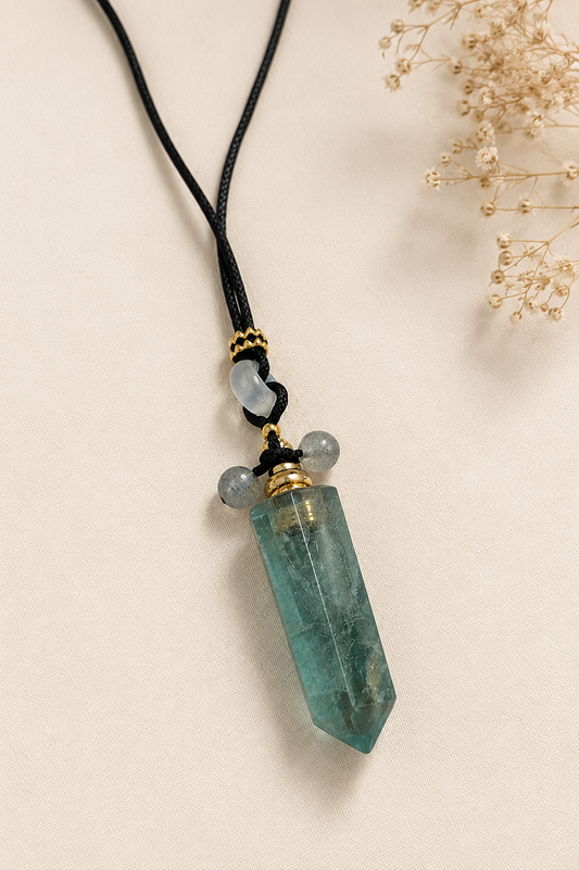 Natural Green Fluorite Crystal Diffuser Necklace. Add 1–2 drops of your favorite essential oil for a gentle personal aroma. Hand selected by Heals N Crystal.